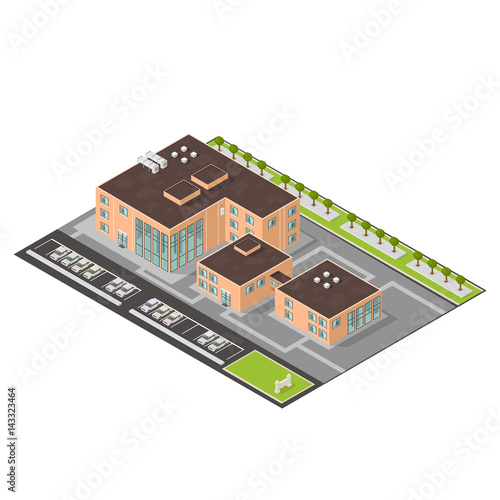 Isometric University Building.

Vector illustration of a large modern university with parking facilities and outdoor park.