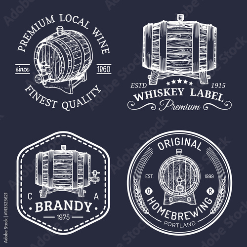 Alcohol logos.Wooden barrels set with drinks signs of cognac,brandy,whiskey,wine,beer.Labels, badges with sketched kegs.