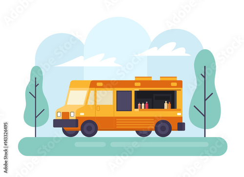 Street fast food truck. Side view. Vector illustration