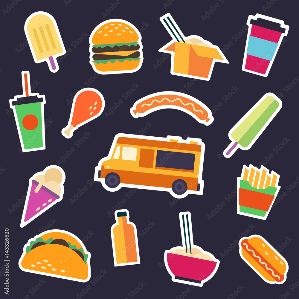 Set of flat stickers on the food themed: food truck, ice cream, burger,  sausage, taco, hot dog, french fries, soda cup. Vector illustration. Stock  Vector | Adobe Stock