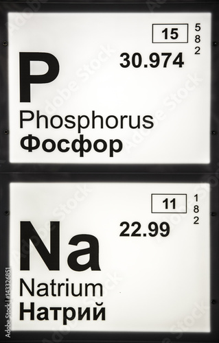 Dettaglio della tavola degli elementi ed in particolare del fosforo e del sodio. Di entrambi sono segnalati il loro numero atomico Z e il numero di elettroni presenti negli orbitali atomici. photo