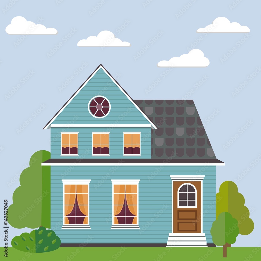 Detailed colorful flat house. Vector illustration.