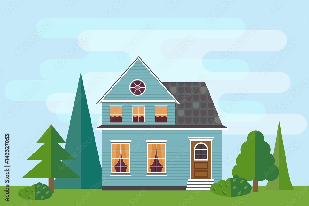 Detailed colorful flat house. Set of house, yard, and trees.Vector illustration