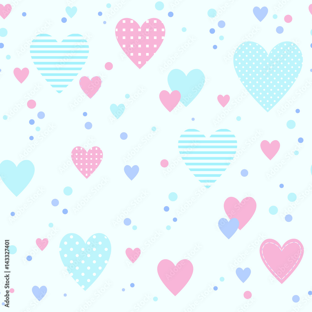 Seamless pattern with different hearts. Striped and polka-dotted. Pink, blue and purple colors. Good for packing romantic gifts Seamless pattern with different hearts. Striped and polka-dotted. Pink, blue and purple colors. Good for packing romantic gifts
