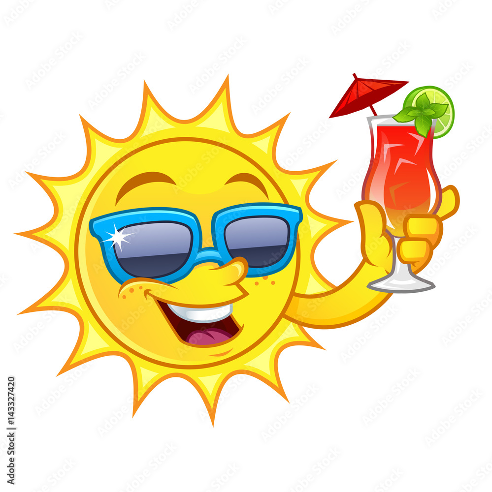 Naklejka premium Funny drawing of a sun, he has a refreshing drink