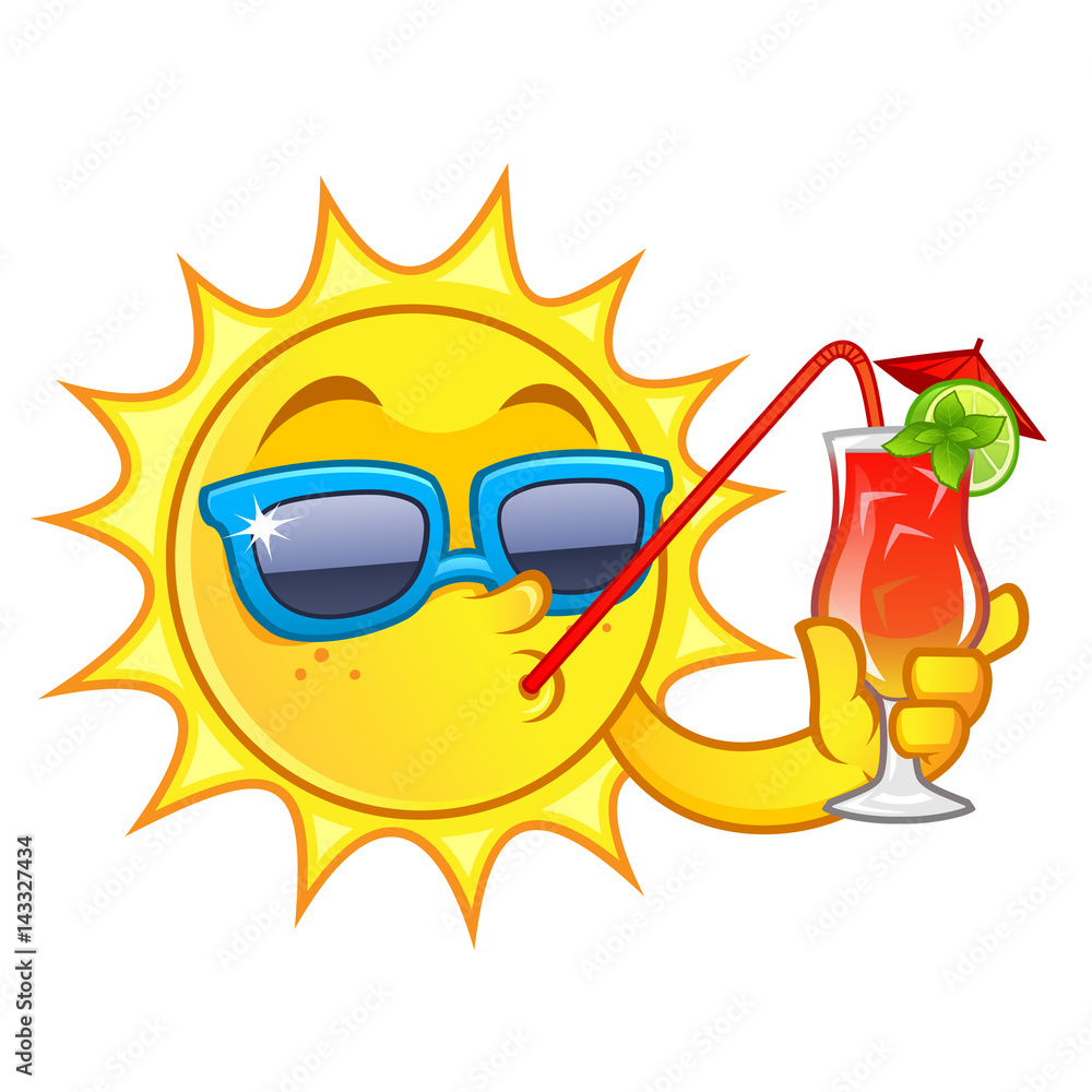 Obraz premium Funny drawing of a sun, he has a refreshing drink