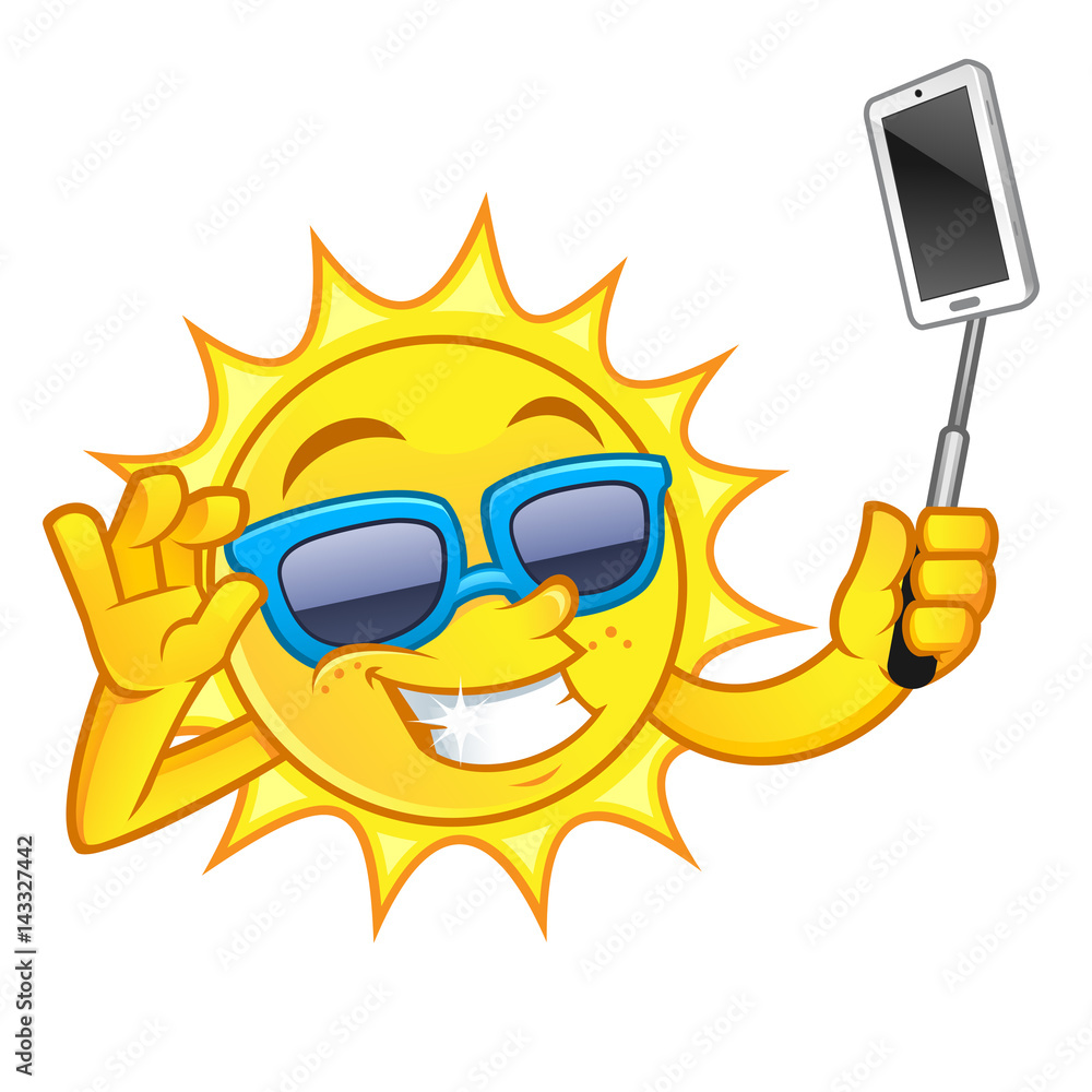 Naklejka premium Funny drawing of a sun, he is making a selfie with his mobile