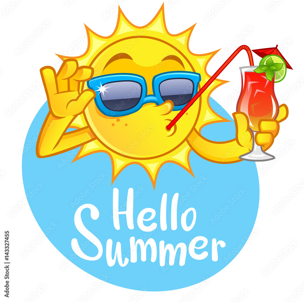 Naklejka premium Funny drawing of a sun, he has a refreshing drink