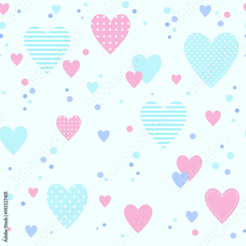 Seamless pattern with different hearts. Striped and polka-dotted. Pink, blue and purple colors. Good for packing romantic gifts