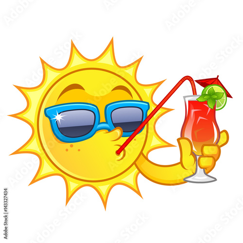 Funny drawing of a sun, he has a refreshing drink
