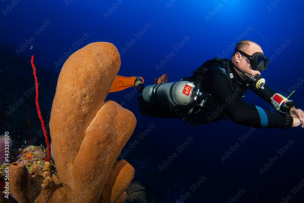 A sidemount scuba diver with perfect trim in the blue water of the