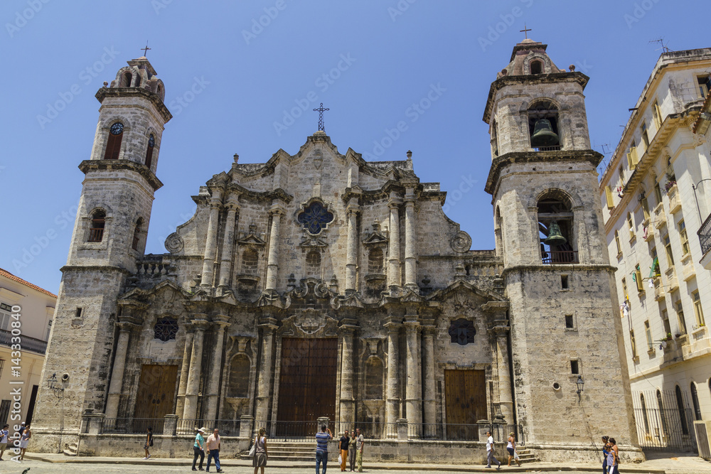 The Havana Cathedral in Cuba. Detail of facade. It is located in the Cathedral Square in the center of Old Havana. Cuba