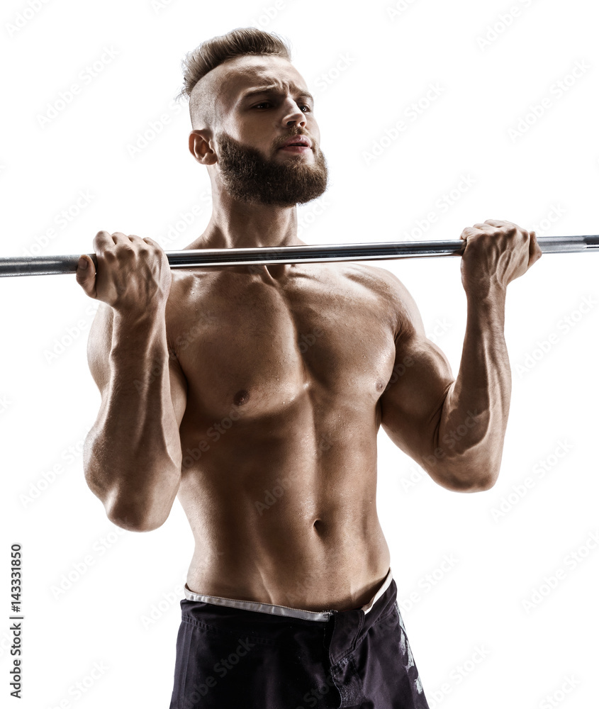 Attractive muscular guy doing exercises with barbell isolated on white background. Strength and motivation Attractive muscular guy doing exercises with barbell isolated on white background. Strength and motivation