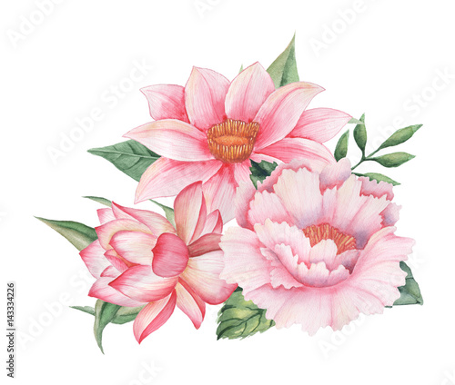 Hand painted watercolor charming combination of Flowers and Leaves  isolated on white background