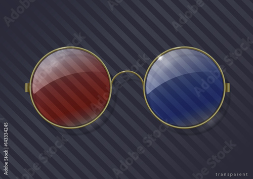 Vintage round 3D glasses in brass rim. Vector graphics with transparency effect