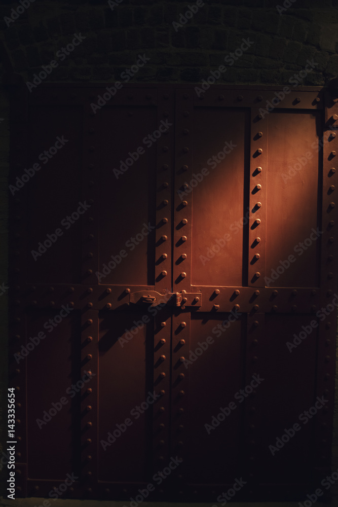 Obraz premium Big Iron Bolted Door at the Docks, Dock Night Scenery 