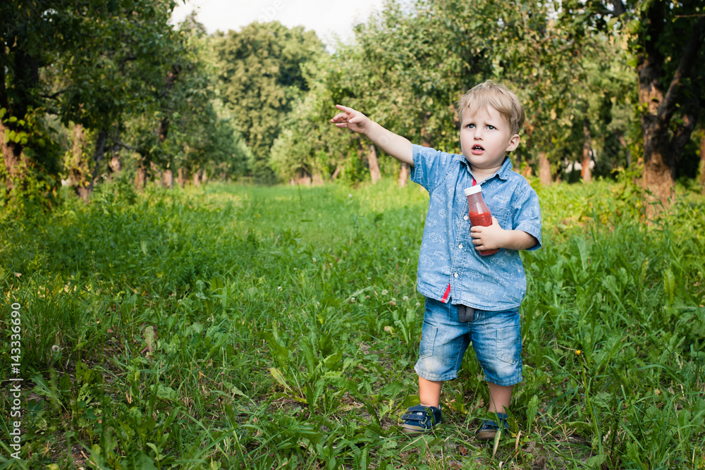Little boy walks alone in a meadow and drinks juice Little boy walks alone in a meadow and drinks juice