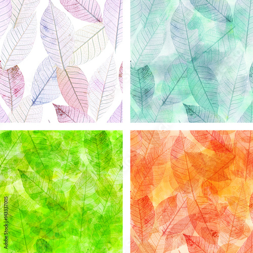 Set of seamless patterns with skeleton leaves, four seasons