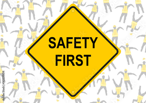 Safety first. Background of characters in yellow vests. Flat vector.