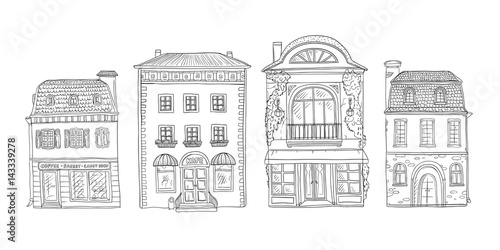 Vector black and white set of sketch illustration of vintage European homes. The shops and cafes of the old city buildings.