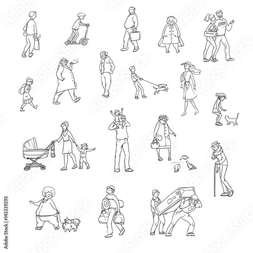 Vector sketch set of illustrations walking urban residents. Children and adults in various situations on the street in the city. Working porters, schoolgirl, woman with the kids and other characters.
