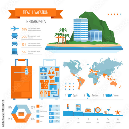 Fototapeta Naklejka Na Ścianę i Meble -  Beach vacation infographics. Summer travel and tourism planning. Flat style, vector illustration.