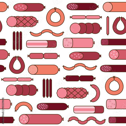 Sausage seamless pattern. Various sausages and meat products. Butcher shop background. Flat style. Vector illustration.