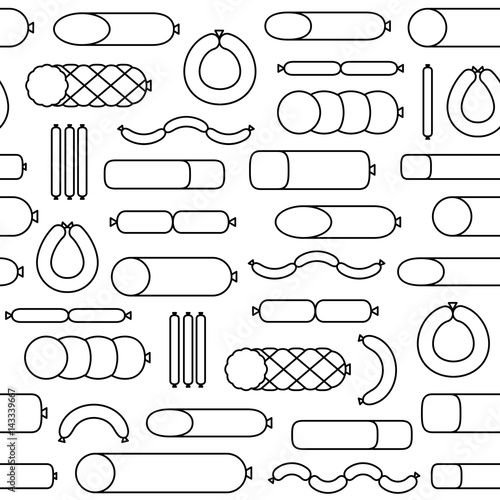 Sausage seamless pattern. Various sausages and meat products. Butcher shop background. Flat style. Vector illustration.
