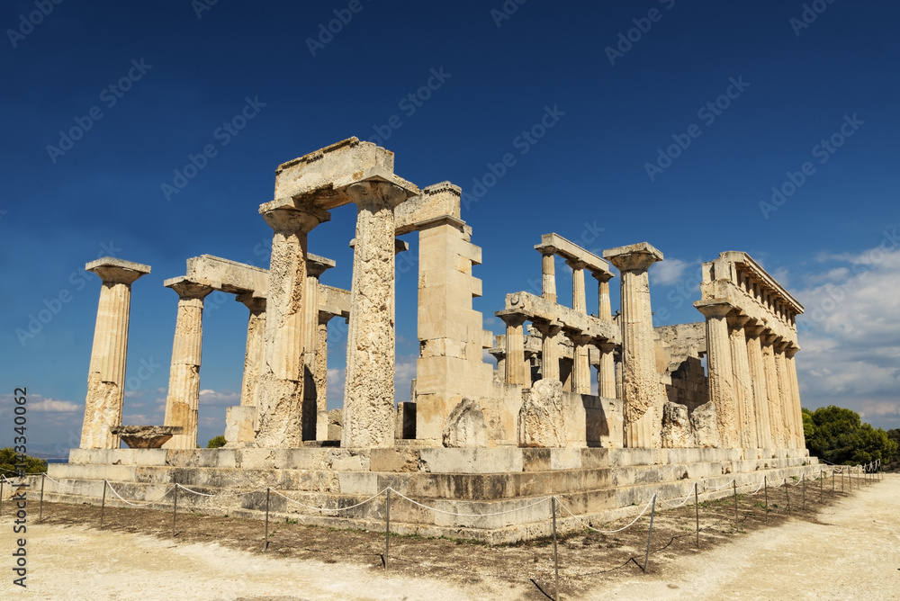 temple on the Island of Aegina in Greece on blue sky background