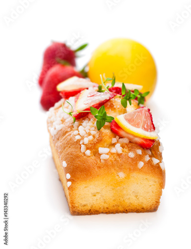 Homemade  lemon loaf with strawberry isolated on white