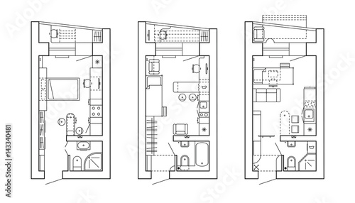 Architectural plan of a house. Layout of the apartment with the furniture in the drawing view. With kitchen and bathroom, living room and bedroom. Graphic design elements. 