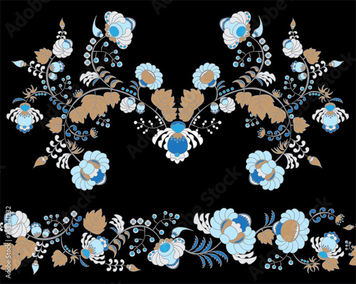 stock vector flowers and leaf ornament. oriental or russian pattern.necklace embroidery design