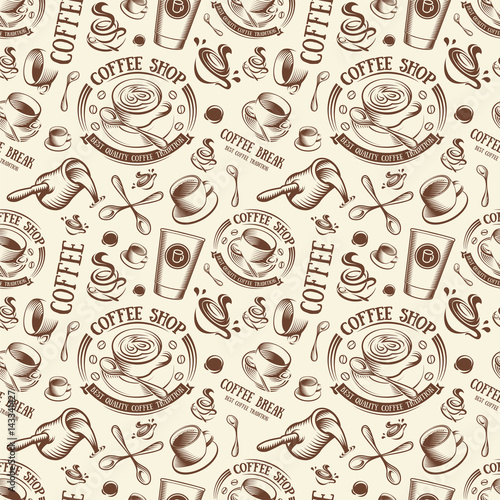 Isolated brown color cup in retro style background  coffee shop backdrop vector illustration