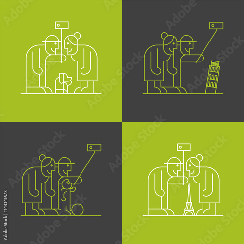Set of old people travelling and making selfie with smartphone vector