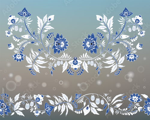 stock vector flowers and leaf ornament. oriental or russian pattern on the blurred background.necklace embroidery design