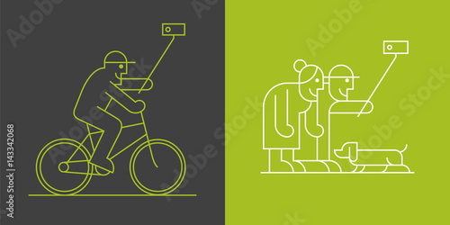 Set of old people making selfie with camera and stick linear icons