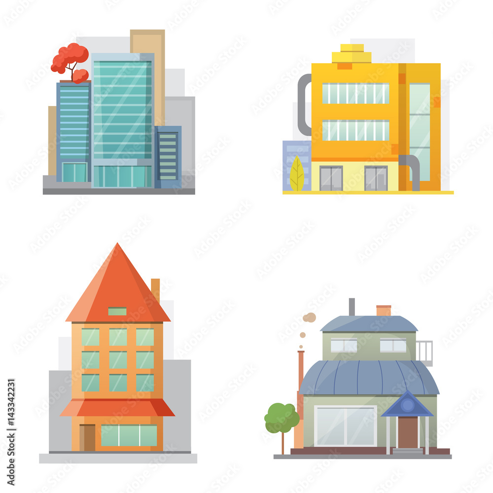 Fototapeta premium Flat design of retro and modern city houses. Old buildings, skyscrapers. colorful cottage building, cafe house front.