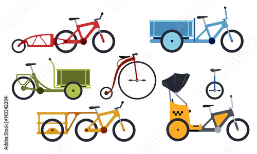 Color set of utility  bicycles and tricycles silhouette icons. Vector isolated clipart photo