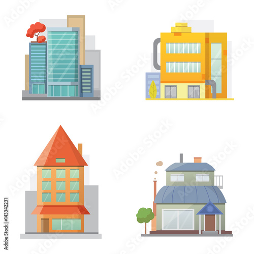 Fototapeta Naklejka Na Ścianę i Meble -  Flat design of retro and modern city houses. Old buildings, skyscrapers. colorful cottage building, cafe house front.