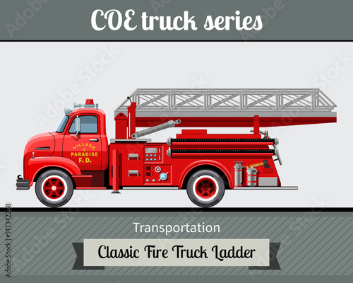 Classic COE (cab over engine) fire truck ladder side view. Vector illustration clipart