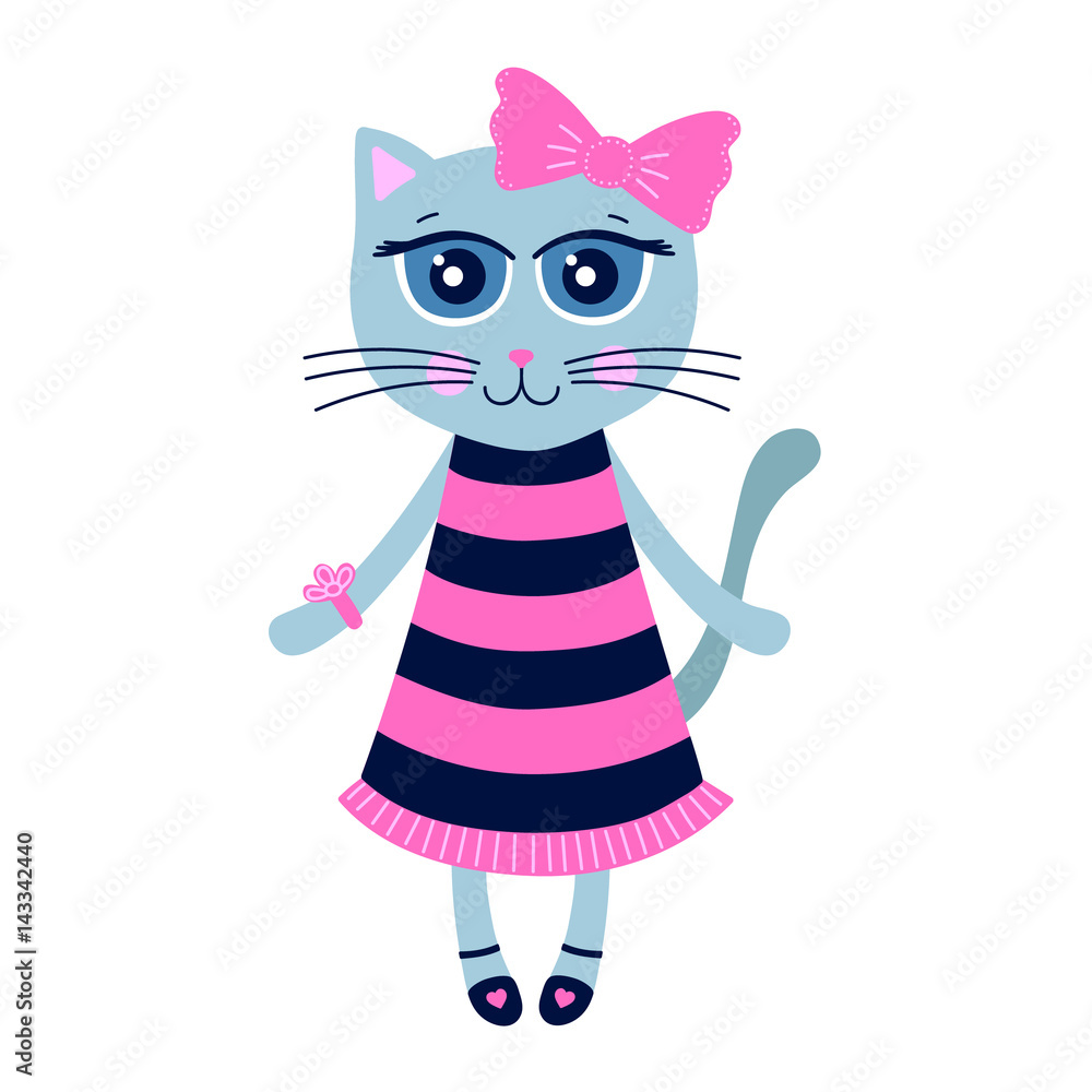 Cute kitty. Hand drawn cat girl in dress and shoes. With big pink bow on her head. Isolated. Vector illustration in flat style. On white background. Stock Vector Adobe Stock