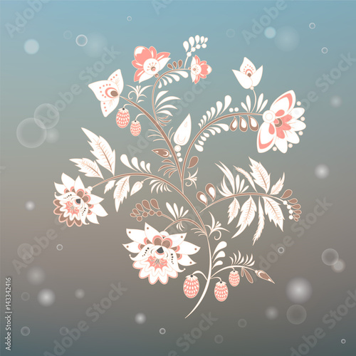 stock vector flowers and leaf ornament. oriental or russian pattern on the blurred background.necklace embroidery design