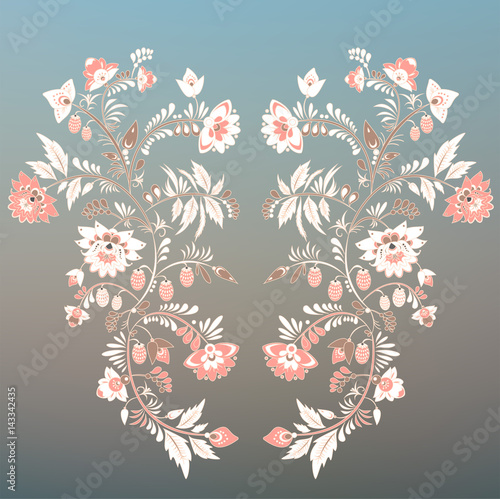 stock vector flowers and leaf ornament. oriental or russian pattern on the blurred background.necklace embroidery design