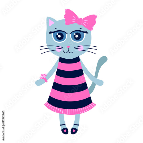 Cute kitty. Hand drawn cat girl in dress and shoes. With big pink bow on her head. Isolated. Vector illustration in flat style. On white background.