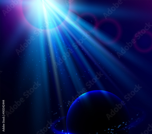 Shining vector blue color light effects with planet  glowing beams background  space vector illustration