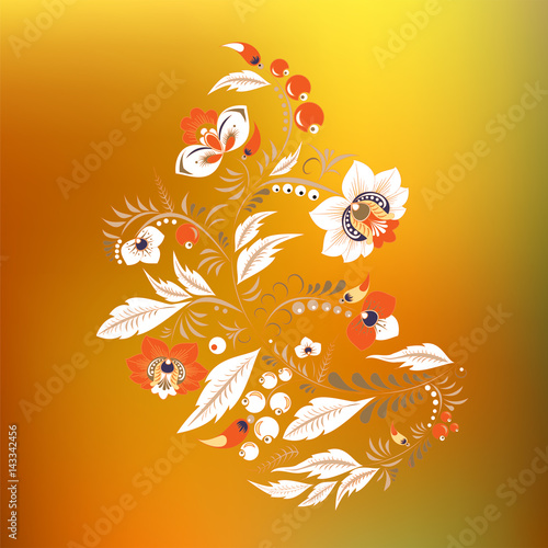 stock vector flowers and leaf ornament. oriental or russian pattern on the blurred background.necklace embroidery design