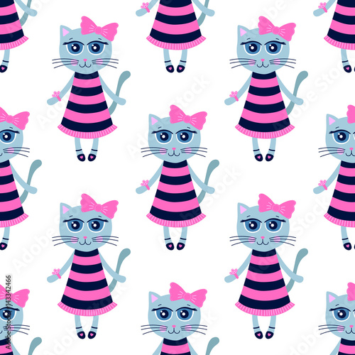 Cute kitty. Vector seamless pattern with cat girl in dress and shoes. Nice background for kids. Colorful elements on white backdrop. Illustration in flat style.