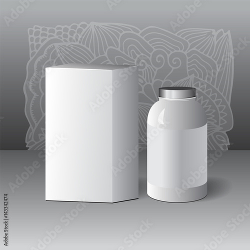 set of cardboard package and glass of bottle on the grey background. mock up, template. stock vector