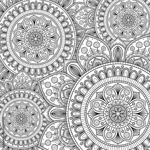 Doodle pattern with ethnic mandala ornament. Black and white illustration. Outline. Coloring page for coloring book.