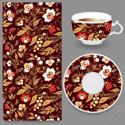 vector seamless orient floral pattern with cup and plate. russian design